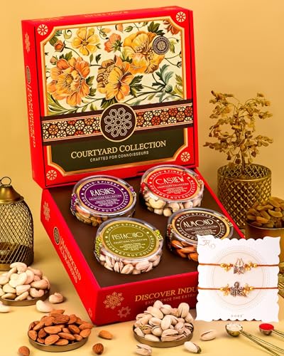 Image of Hyperfoods Rakhi with Dry Fruit Gift for Brother DryFruits Gift Pack 495g RawFruit Courtyard Collection Pack of 4 Dry Fruits Gift Box Rakhi Set of 2 Dry Fruits Hamper Rakhi Gift Hamper for Brother