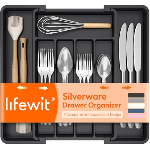 Lifewit Expandable Silverware Organizer, Plastic Utensil Tray for Kitchen Drawer, BPA Free Flatware Cutlery Holder, Space-Saving Storage for Spoons Forks Knives, 8-13.8 x 11.2 x 1.4 inch, Black