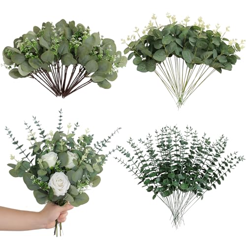 ASTNIC 90pcs Eucalyptus Stems Flowers, Fake Eucalyptus Leave