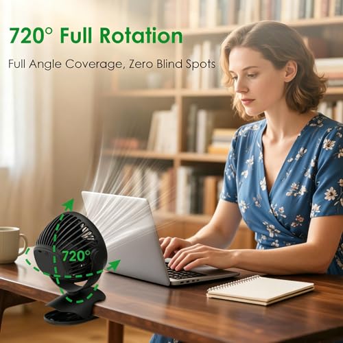 Image of Minthouz Clip on Fan, 8000mAh USB-C Rechargeable Small Desk Fan, 4-Speed 720 Rotation Personal Mini Clip Fan, Portable Mount Fan for Office, Treadmill, Golf Cart, Stroller, Camping & Travel