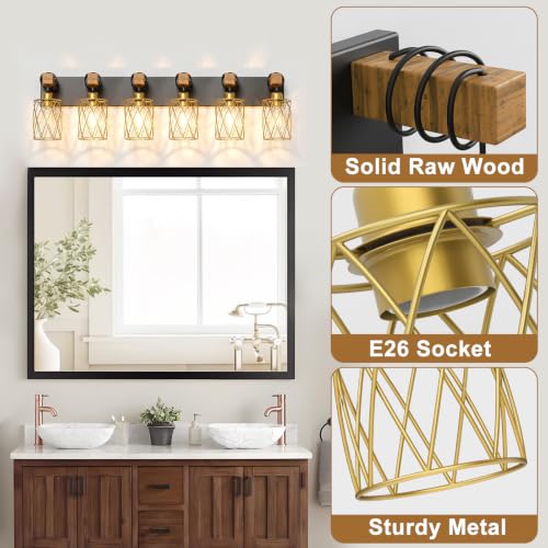 Image of IZORRO Farmhouse Bathroom Vanity Light, 6-Light Wood Bathroom Light Fixtures Over Mirror, Black and Gold Industrial Vanity Lights with Metal Shade, Rustic Restroom Lighting Fixtures