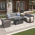 Super Patio 8 Pieces Outdoor Patio Furniture Set with 45” Fire Pit Table, Rattan Patio Conversation Sets with 50000 BTU Gas Fire Pit, Wicker Sectional Sofa Set with Storage Box, Gray (Without Table)