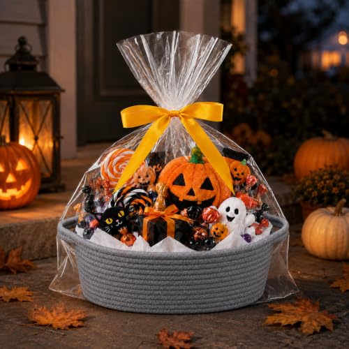 Image of Empty Gift Basket with Gift Bag & Ribbon, Woven Rope Basket, 12x8x5 inch