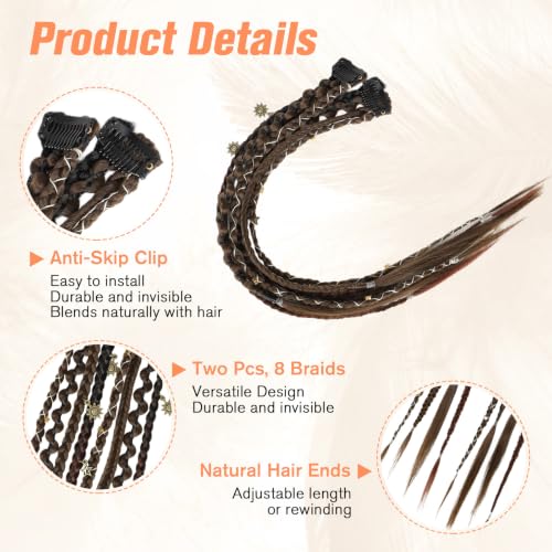 BOGSEA 2PCS Clip in Braids Hair Extensions, Boho Dreadlock Brown Mixed — view 3