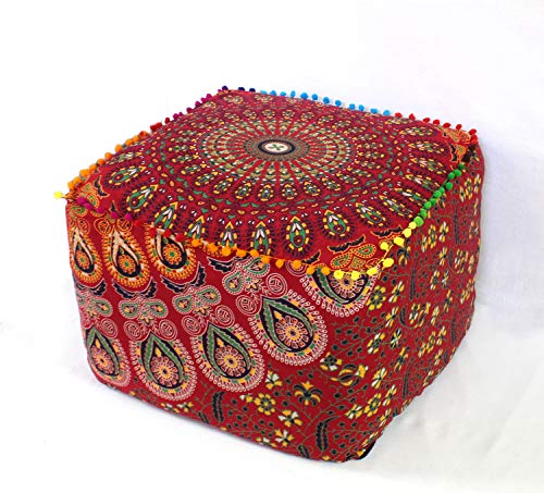 Craft Kala Large Hippie Mandala Meditation Floor Ottoman Pillow Cushion Pouf Cover Square Poufs Bohemian Circle Floor Cushion Case Outdoor Fireplace Yoga Living Room Decor (18X18X14 In, Red Mirchi #TOP1