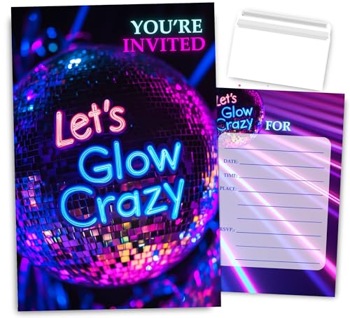 VAVINCI Glow Party Birthday Invitation for Boys Girls, Let's Glow Crazy Birthday Invites, 30 Sets with Envelopes