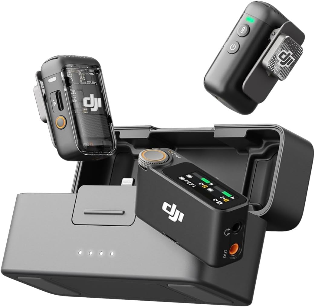 DJI Mic 2 (2 TX + 1 RX + Estuche de carga), todo en uno, micrófono inalámbrico, cancelación de ruido inteligente, grabación interna flotante de 32 bits, micrófono para iPhone y Android