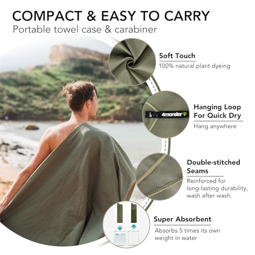 Image of 4Monster Quick Dry Travel Towel with Case & Carabiner - Super Absorbent Microfiber Gym & Camping Towel. Compact, Lightweight, Fast Drying for Beach, Swimming, Hiking, Backpacking