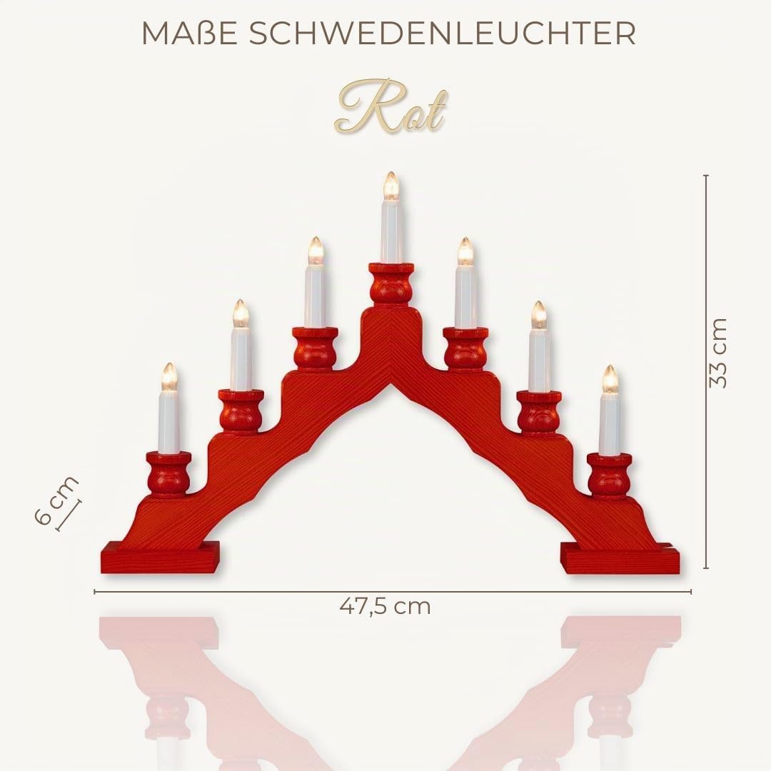 weigla - Schwedenleuchter original Erzgebirge I Trendiger Schwede ROT I LED I Schwibbogen Weihnachten I 7 Lampenkerzen + 1 Ersatzlampe I 7 x 34 V, 0,2 W, E10 I Weihnachtsdeko innen I Kiefernholz