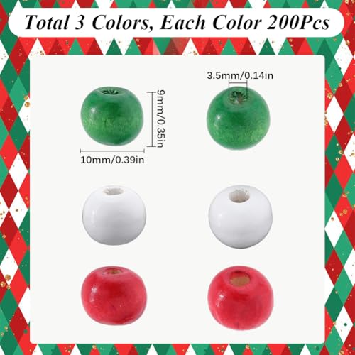 SUNNYCLUE 600Pcs Christmas Wood Beads 10mm Craft Beads Wooden Green Red Opaque Round Bead Spacers Decor Loose Beads with Hole for Christmas Tree Wall jewellery Making Supplies DIY Decoration Craft Kit - Image 2
