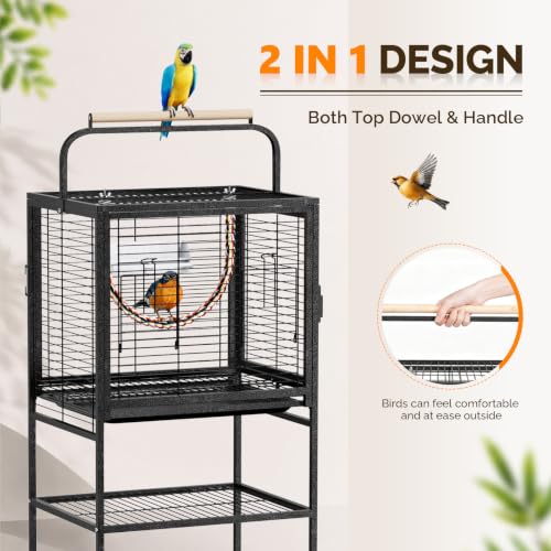 Image of VINGLI Small Bird Cage with Rolling Stang, 52 inch Wrought Iron Parakeet Cage with Wooden Perch and Storage Shelves for Parrot Lovebirds Finches Small /Medium Birds (Black with Stand)