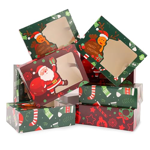 CHOUNYEE 24 Pack Christmas Cookie Boxes (8.25x6x2.75 Inch) Christmas Treat Boxes for Gift Giving Bakery Boxes with Window for Exchange Gift Holiday Food Cookie gift Containers