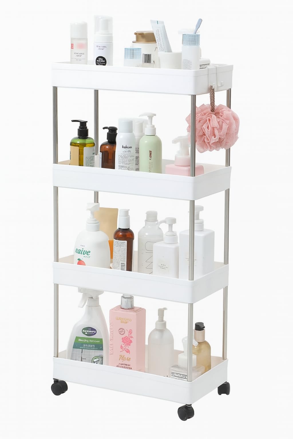 BM Carrello Portaoggetti con Ruote a 4 Ripiani – Scaffale Mobile da Cucina, Bagno o Lavanderia – Organizzatore Slim tra Mobili, in Plastica Resistente, Facile da Pulire (40x21.5x85CM)