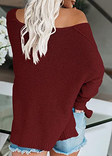 Women’s Off Shoulder Knit Sweaters Oversized V Neck Long Sleeve Loose Lightweight Pullover Tops3
