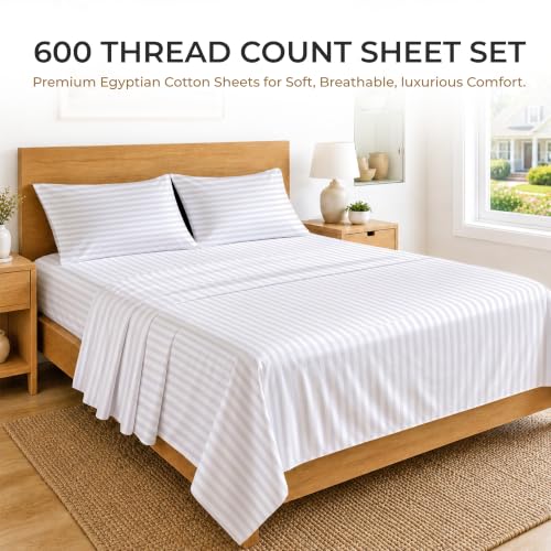 Image of SGI bedding 100% Egyptian Cotton Sheets Full XL Size - 600 Thread Count Sheets Set, Soft, Cooling, 15 inch Deep Pocket, Luxury Hotel Bedding, Breathable, Durable - White Stripe