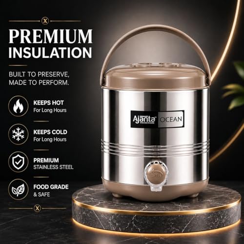 Image of Ajanta Ocean8 Stainless Steel Water Cooler, Water Dispenser Hot & Cold, Thermosteel, PU Insulated, Portable, Travel Friendly, Water Jug for Offices, Shops, Picnics (Ivory Brown, 5 litres)