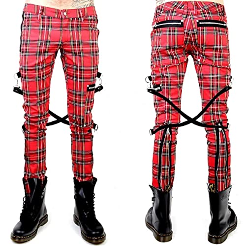 Gothic Bondage Red Plaid Men Pant Alternative Punk Rebel Rock Emo Trouser Pant