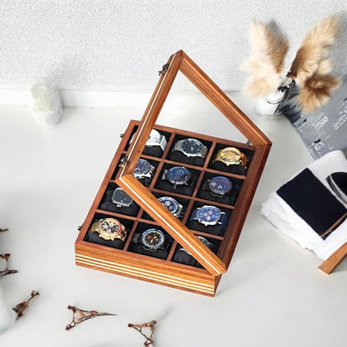 Image of Watch box for women & men, Wooden organizer, Handmade Holder For Men, Custom Valet Box with Brass Lock, Christmas, Anniversary, Valentine;s Day, Father's Day (Dark Brown 12 Slots)