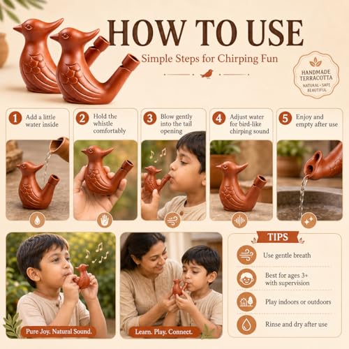 Image of Premium Clay Bird Whistle Toy (Pack of 8) - Handmade Earthen Water Whistle for Kids & Adults - Traditional Terracotta Musical Sound Toy - Natural Eco-Friendly Gift Set