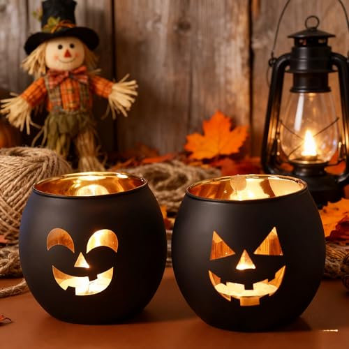 Jack Oランタン、ハロウィンキャンドルホルダー、ブラックガラス奉納ティーライトホルダー、不気味な屋内、屋外、ハロウィーンのテーブルデコレーション&ギフト用 4個 [5]
