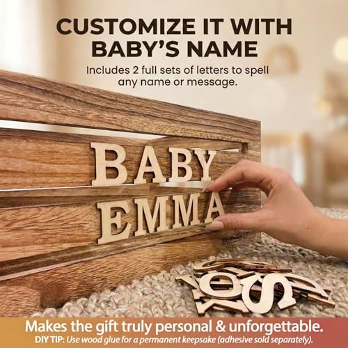 Image of Wooden Baby Shower Crate Closet & Basket with Hanger Rack - Customizable Gift Basket with 2x Alphabet Letter Sets, Hangers, Dividers, Ivy Garland,Nursery Decor Girls Boys(Rustic Burnt Wood)