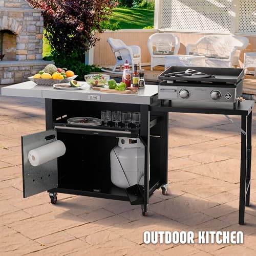 Grill Table,Outdoor Kitchen with Cabinet Outdoor Grill Table with 2 Foldable Side Tables Stainless Steel Top for Outdoor Kitchen Cabinets, Bar Cart, Movable Grill Cart with Pull-Out Plate, L74”x W24” - Thumbnail 2