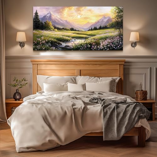 crmotu Landscape Wall Art, Mountain Wall Art, Countryside Scenic Canvas Prints, Nature River Wildflower Spring Oversized Paintings for Living Room Bedroom Dining Room Farmhouse Cottage 30x60inch
