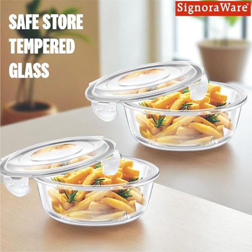 Image of Signoraware Safe Store Glass Round Containers | Airtight & Leakproof | Microwave Safe | Ideal for Reheating, Baking or Serving | Best for Office Lunch & Outdoor Activities (400mlx2 | Setof2 | Clear)
