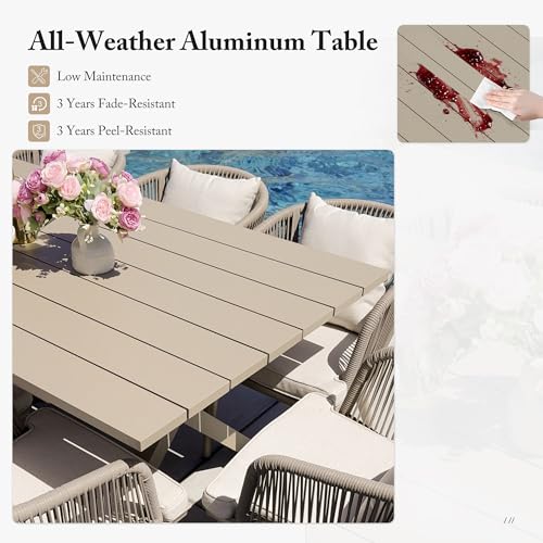 Image of PURPLE LEAF 9 Pieces Patio Dining Set with Storage Box Wicker Outdoor Furniture Rectangular Table and Chairs Set for Garden Deck Backyard Kitchen, Cushions and Pillows Included Champagne