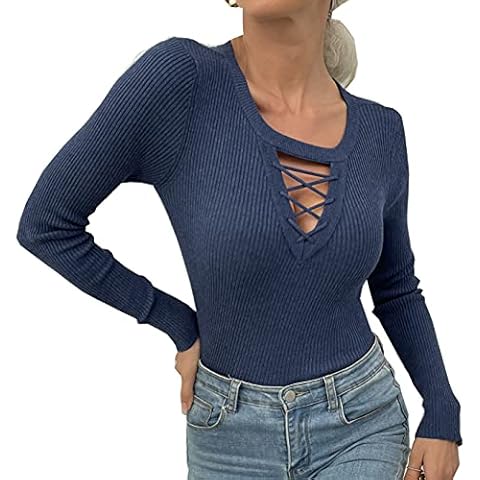 Alcea Rosea Women's Sexy Lace Up V Neck Top Low Cut Tunic Jumper Crossed Front Long Sleeve Fitted Knitted Pullover Sweater S-XL (Fog Blue, Medium) Cover