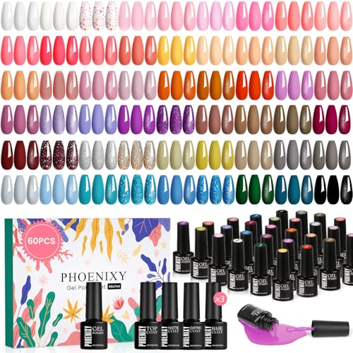 Phoenixy Kit Vernis Semi Permanent, 54 Couleurs Kit Vernis Semi Semi Permanent avec Base Et Top Coat Pailleté Glossy Matte Rose Jaune Gel UV Vernis à Ongles...