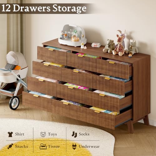 Image of BORNOON 57 inch Wide Dresser for Bedroom, 12-Drawer Fluted Dresser with Metal Handles, Wood Chest of Drawers with Smooth Slides and Stable Base, Storage Cabinet for Living Room, Nursery, Timeless Noir