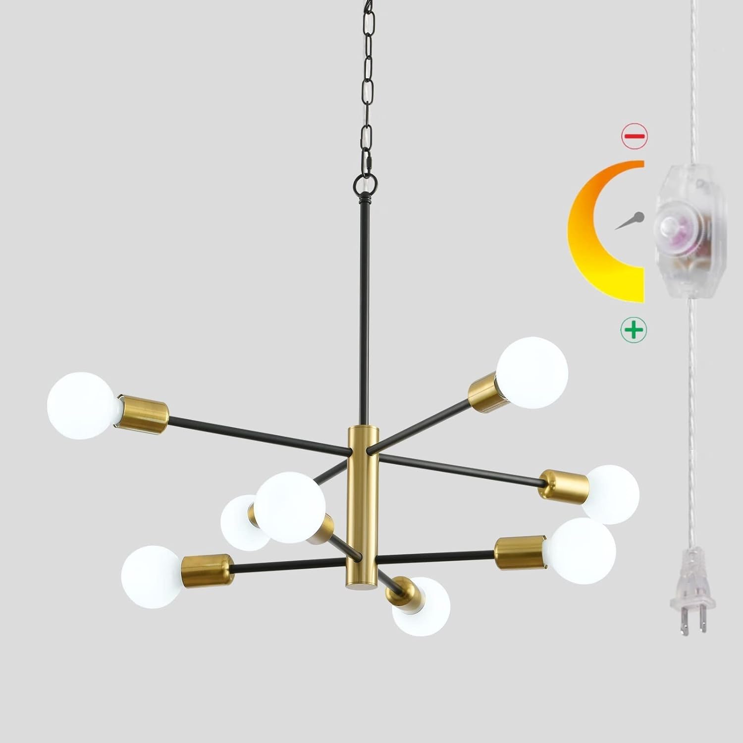 8-Light Plug in Chandelier, Sputnik Chandelier with Cord Modern Industrial E26 Black and Gold Pendant Light Hanging Lights Ceiling Lighting Fixture for Living Room, Bedroom, Dining Room, Kitchen