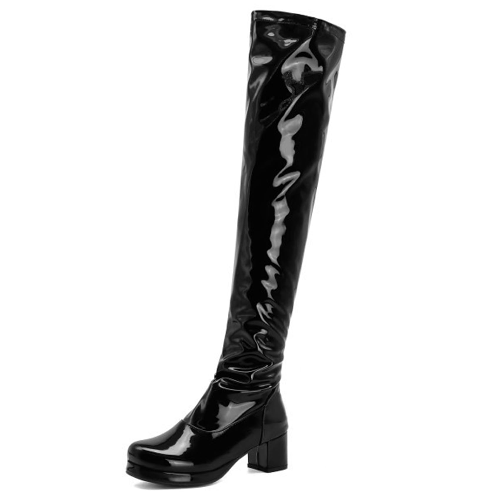 EXECAB Cuissardes pour Femmes Sexy Fermeture éclair latérale en Cuir Verni Bout carré Noir Plate-Forme Bottes Femmes Bottes Hautes pour fête Bal