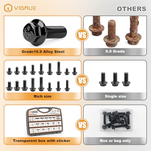 Image of Vigrue 452PCS Metric Flange Nuts and Bolts Assortment kit, M6x1.0, M8x1.25, M10x1.5 Grade 10.9 Alloy Steel Black Zinc Plating Hex Bolts and Nuts Washers, Metric Bolt Set for Automotive Motorcycle