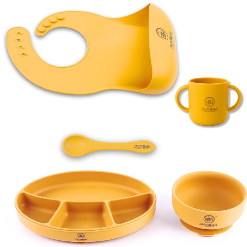 Silicone Feeding Set Including Baby Bib,Long Spoon,Open Handle Cup, Suction Base Oval Plate & Bowl for Toddler |Solid Cutlery Set|Easy Wipe Clean|Baby Weaning Sets (5 Pc), [Yellow]-image-38