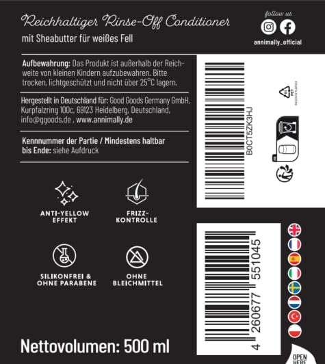 Annimally White Plus Conditioner - Natürliche FellspüLung mit Sheabutter für strahlend weißes Fell, ph-neutrale, feuchtigkeitsspendende Pflege für weißes Fell ohne Bleichmittel & Parfüm - 500 ml