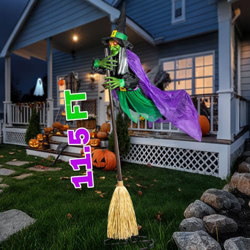 Halloween Decorations Outdoor - 12 Ft Animated Hovering Witch with Sound & Touch Activated Sensor - Witch on Broom Halloween Decorations Outdoor Hanging Ghost for Garden Yard Lawn