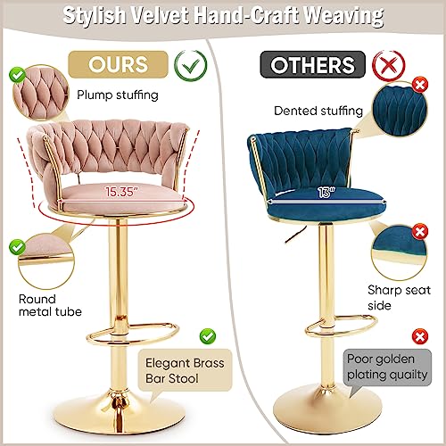 Deolme Swivel Velvet Bar Stools, Adjustable Counter Height Barstools Bar Chairs Modern Counter Stools With Back Upholstered Kitchen Island Chairs Gold Sillas Para Barra De Cocina (Pink, Set Of 3) #TOP6