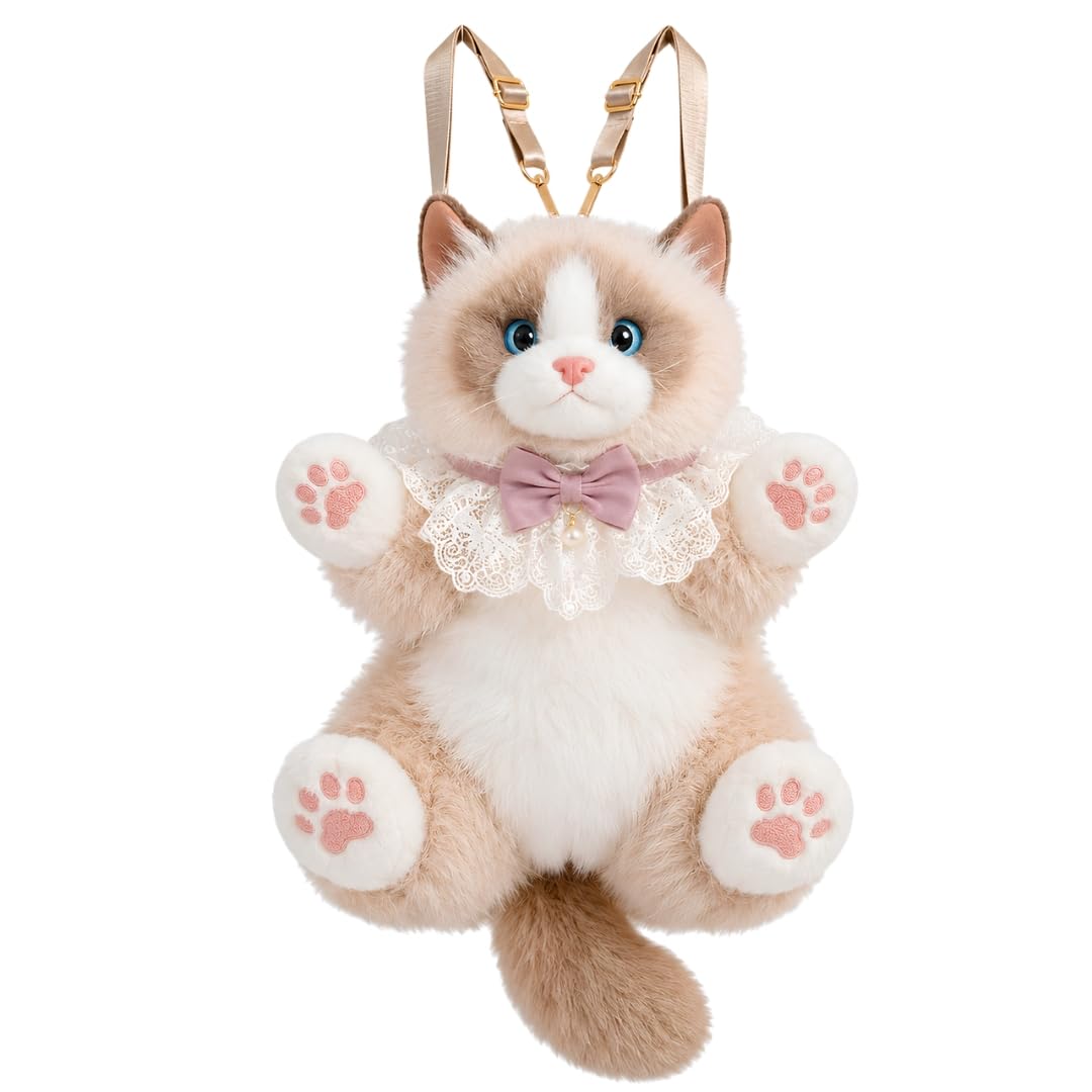 Cute Cat Plush Backpack, Soft Stuffed Ragdoll Cat Shaped Bag with Lace Bow, Ideal Gift for Girls, Large Size-image-33