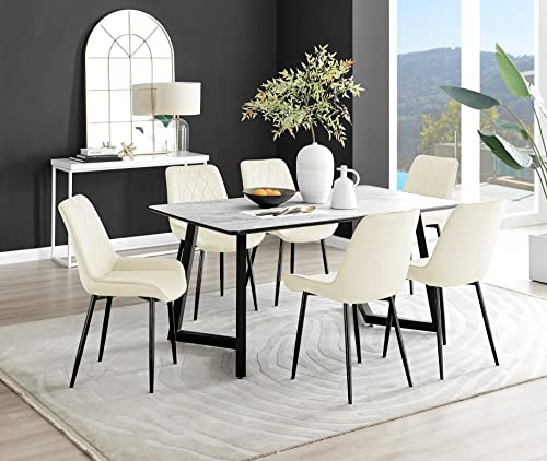 Image of Furniturebox UK - White Marble Effect Melamine Dining Table & 6 Cream Pesaro Black Leg Chairs