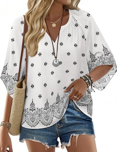 Zeagoo Bohemian Bluse Damen Kurzarm Elegant Sommer T Shirt 3/4 arm Tunika Top Casual Flowy Floral Oberteile Weiße Blumen S