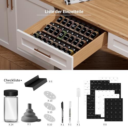 Miorkly Gewürzgläser mit Gewürzregal - 24 Eckige Gewürzdosen mit Etiketten (120ml) & 6pcs Metall-Gewürz Organizer - Schwarzer Deckel… – Ansicht 2
