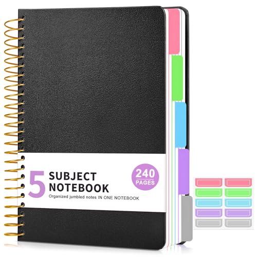 5 Subject Notebook College Ruled, A5 Hardcover Spiral Notebook with Removable Pocket Dividers Tabs, 240 Pages Lined Spiral Journal Notebook for Women, 6x8.5 Notebooks for Work School Note taking Black