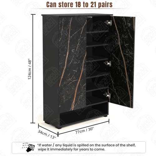 Image of ABOUT SPACE Shoe Cabinet - 7 Tier Shoe Rack with Door & Open Bottom Storage|Press Open 2 Door Engineered Wood Shoes Stand for Home | Adjustable Shelf Raised Legs 18-21 Pair | Black & Black Marble