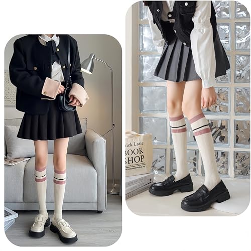 3 Pairs Retro Style Striped Knee High Socks for Women Academic Cotton Stockings for Casual Wear and Sports 5