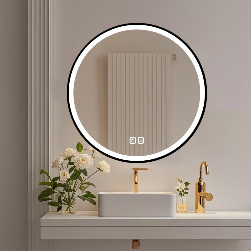 HIGHBATH LED Round Bathroom Mirror with Lights, 60cm, Black Frame, Anti-Fog, 3 Color Temperature, Dimmable, Waterproof, Tempered Glass