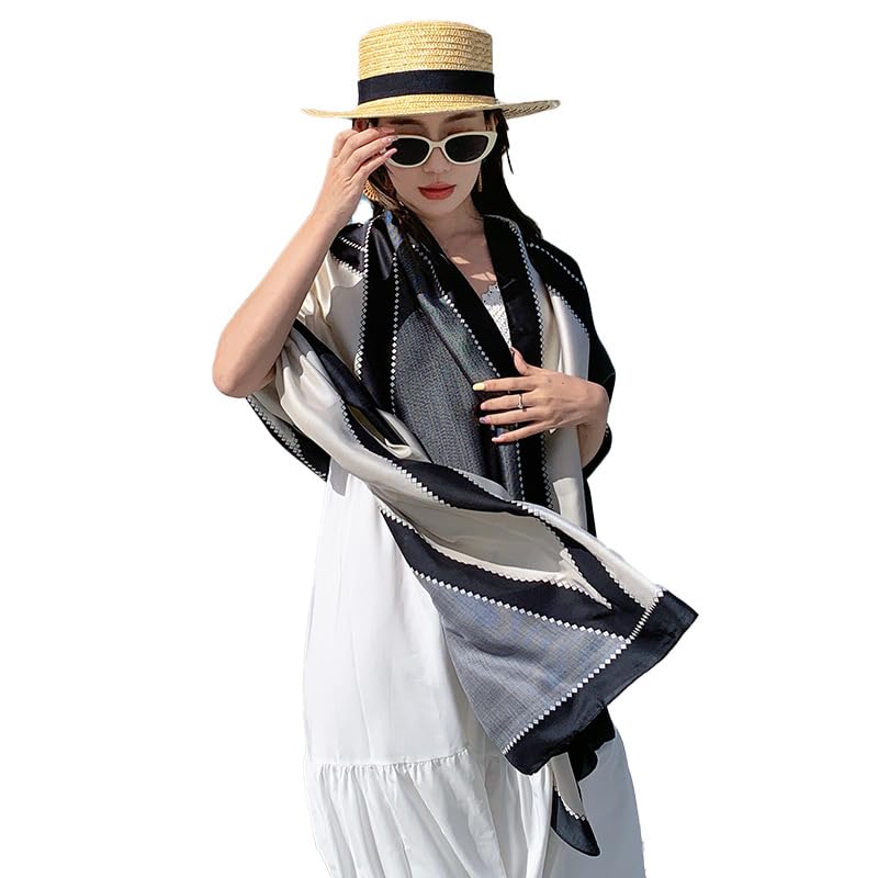 Image of Alexvyan Satin Silk Summer Scarves 170 x 84 cm, Black & Grey Colour with Stitched Border, Lightweight Fashion Scarf for Women Sun Protection Stole