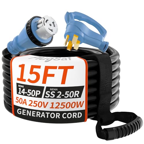 PlugSaf 50 Amp Generator Cord 15FT 50 Amp RV Extension Cord with Twist Lock Generator Cable 50A 4 Prong Blue NEMA 14-50P/SS2-50R Heavy Duty STW Wire for RV Camper & House