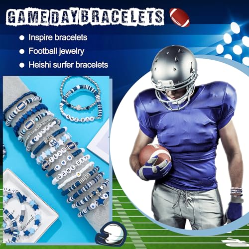 48 Pcs Game Day Football Charm Bracelets Football Mom Game Day Accessories Cheer Mom Blue Team Gifts Heishi Beaded Stack Bracelet Friendship Stackable Stretch Jewelry Outfit for Fans Women Men2